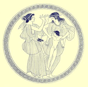 Prokne, Philomela ja Itys, kuvitus J. E. Harrisonin ja D. S. MacCollin kreikkalaisesta maljamaalauksesta, julkaistu 1894 (digitaalisesti paranneltu kuva)