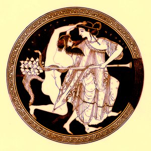 Satyr ja Maenad, kuvitus J. E. Harrisonin ja D. S. MacCollin kreikkalaisesta maljamaalauksesta, julkaistu 1894 (digitaalisesti paranneltu kuva)