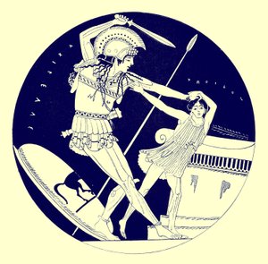 The Death of Troilos, kuvitus J. E. Harrisonin ja D. S. MacCollin kreikkalaisesta maljamaalauksesta, julkaistu 1894 (digitaalisesti paranneltu kuva)