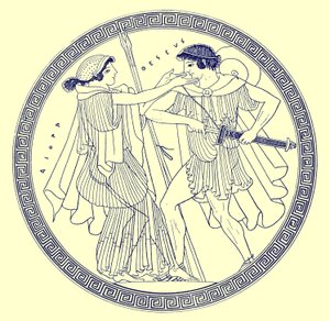Theseus ja Aethra, kuvitus J. E. Harrisonin ja D. S. MacCollin kreikkalaisesta maljamaalauksesta, julkaistu 1894 (digitaalisesti paranneltu kuva)