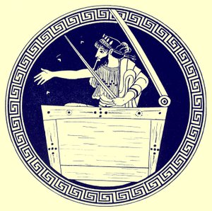 Thomas rinnassa, kuvitus J. E. Harrisonin ja D. S. MacCollin kreikkalaisesta maljamaalauksesta, julkaistu 1894 (digitaalisesti paranneltu kuva)