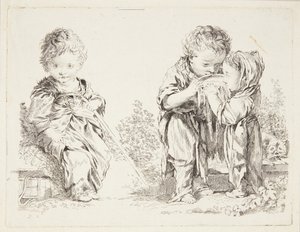 Lapsi istuu maanpalalla ja pienet maidon juojat tekijältä after Francois Boucher