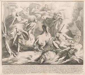 Prima Macchina Kiinalle 1742: Neptunuksen ja Minervan kilpailu tekijältä after François Hutin Miguel de Sorellò