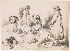 Lapsitutkimukset (kaksi pientä tyttöä); Kaksi koiraa; Mies tekijältä after George Morland