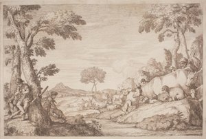 Pastoraalinen matka pojan kanssa, joka soittaa huiluaan puussa tekijältä after Giovanni Benedetto Castiglione Gaetano Zompini