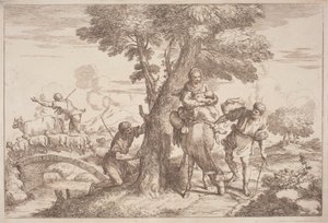 Lento Egyptiin paimenen kanssa katselemassa puun takaa tekijältä after Giovanni Benedetto Castiglione Gaetano Zompini