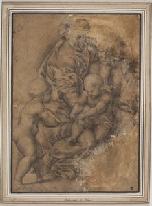 Pyhä perhe vauvan Johannes Kastajan kanssa. Giulio Romanon Madonna della Gattan jälkeen
