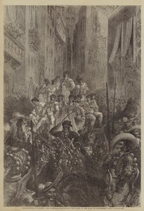 Härkätaistelu Bayonnessa, kavalkadi etenee Place de Saint-Esprit -areenalle tekijältä Gustave after Dore