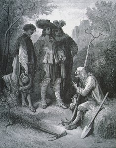 Kuvitus elokuvalle Vanha mies ja kolme nuorta miestä Jean de La Fontainen (1621-95) taruista tekijältä Gustave after Dore