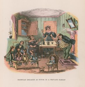 Kuvitus Nicholas Nicklebylle (väri litho) tekijältä after Hablot Knight Browne