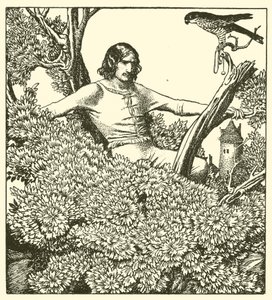 Sir Launcelot kiipeää nappaamaan naisen haukkaa tekijältä after Howard Pyle