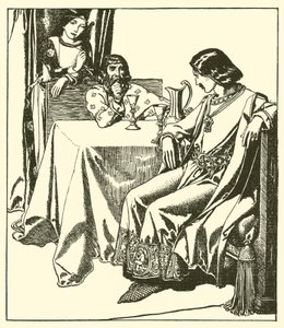 Sir Launcelot istuu Sir Hilairen ja Croisetten kanssa tekijältä after Howard Pyle