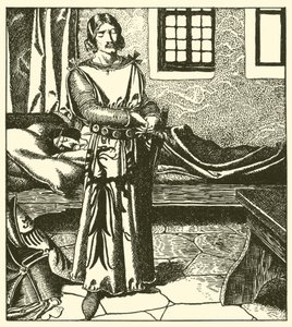 Sir Launcelot ottaa Sir Kayn panssarin tekijältä after Howard Pyle