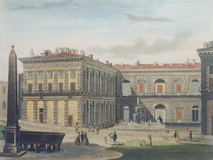 Palazzo Pittin sisäpiha Firenzessä, kaiverrus Johann Falkeisen (1804-83) ja värittänyt L. Cherbuin, n. 1842 (akvatinta) tekijältä after Italian School