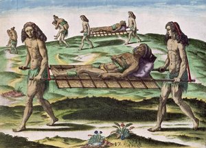 Hermafrodiitit kuljettavat loukkaantuneita, teoksesta "Brevis Narratio...", julkaissut Theodore de Bry, 1591. tekijältä after Le Moyne, J.Bry