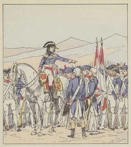 Bonaparte nuhtelee Vaubois-divisioonan 85. ja 39. Rivolin tasangolla tekijältä after Louis Charles Bombled
