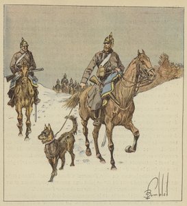 Preussin ratsastajat tiedustelussa, hihnassa pidettyjen koirien edeltäjät tekijältä after Louis Charles Bombled