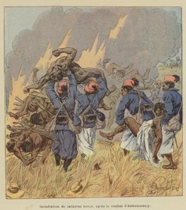 Hovan ruumiiden poltto Ambolomontyn taistelun jälkeen tekijältä after Louis Charles Bombled