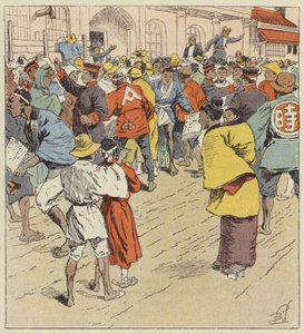 Väkijoukko odottaa sodan uutisia Figi-Hummon edessä tekijältä after Louis Charles Bombled