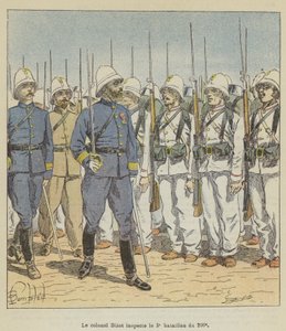 Eversti Bizot tarkastaa 200. pataljoonan tekijältä after Louis Charles Bombled
