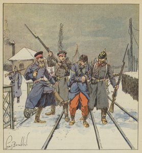 Preussilainen upseeri hakkaa häpeällisesti haavoittunutta ja vangiksi otettua Fourier Papotia tekijältä after Louis Charles Bombled