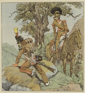 Portugalin legioona, jalkaväki, metsästäjät, ratsuväki, metsästäjät hevosen selässä tekijältä after Louis Charles Bombled