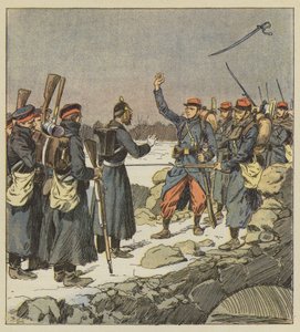 Saksalainen upseeri palauttaa miekkansa ranskalaiselle korpraalille, joka heittää sen tuuleen tekijältä after Louis Charles Bombled
