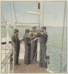 Japanilaiset katsojat tarkkailevat Port-Arthurin laivastoa tekijältä after Louis Charles Bombled