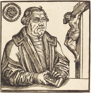 Martin Luther, puolipitkä vasemmalle kirja käsissään tekijältä after Lucas Cranach the Younger
