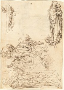 Pyhä Christopher, Pyhä Johannes Kastaja, Neitsyt ja lapsi ja Kristuksen siunaus (recto) tekijältä after Martin Schongauer Master of the Drapery Studies