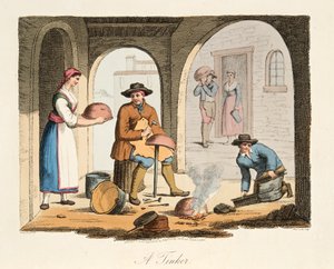 A Travelling Tinker, from Italian Scenery, representing the Manners, Customs and Amusements of the different States of Italy, pub. 1806 (käsin väritetty kaiverrus).