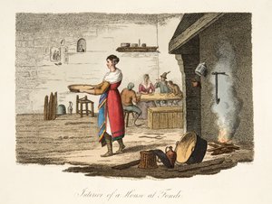 Talon sisätilat Fondissa, italialaisista maisemista, jotka esittävät Italian eri valtioiden tapoja, tottumuksia ja huvituksia, pub. 1806 (käsin väritetty kaiverrus).