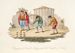 Leikkiminen Bomble Puppyssä ja Vestin temppelissä, italialaisista maisemista, jotka edustavat Italian eri valtioiden tapoja, tapoja ja huvituksia, pub. 1806 (käsin väritetty kaiverrus).