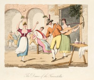 Tarantella-tanssi, italialaisesta maisemasta, joka edustaa Italian eri valtioiden tapoja, tottumuksia ja huvituksia, pub. 1806 (käsin väritetty kaiverrus).