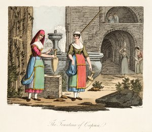 Capuan suihkulähde, teoksesta Italian maisemat, jotka esittävät Italian eri valtioiden tapoja, tottumuksia ja huvituksia, pub. 1806 (käsin väritetty kaiverrus).