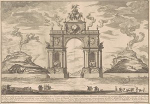 Prima Macchina Chinealle vuodelta 1756: Riemukaari Etna- ja Vesuvius-vuoren välillä tekijältä after Paolo Posi Giuseppe Pozzi