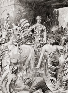 Egyptin Psamtik I astumassa Azotuksen tai Asdodin kaupunkiin, Hutchinsons History of the Nations, pub.1915.