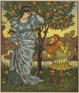 Keltainen kääpiö pelastaa prinsessan leijonien käsistä tekijältä after Walter Crane