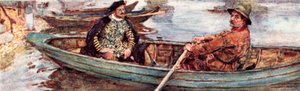 Shakespeare vesimiehen kanssa soutamassa alas Thamesissa Lontoossa