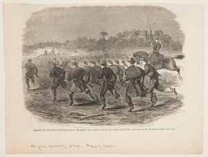 Ensimmäisen Massachusettsin rykmentin hyökkäys kapinallisten kiväärikuoppaan lähellä Yorktownia tekijältä Winslow Homer