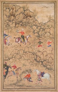 Metsästys haukkojen kanssa maisemassa (recto) tekijältä attributed to Abd al Samad (Persian, c. 1510–1600)