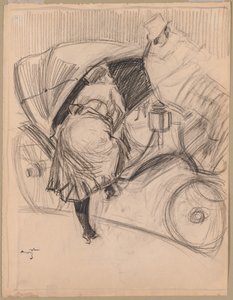 Nainen astumassa Fiacreen (recto) tekijältä attributed to Jean Louis Forain