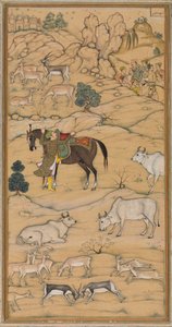 Akbar nostaa hevosensa; sivu Chester Beatty Akbar Namasta (Akbarin historia) tekijältä attributed to Sur Das Gujarati