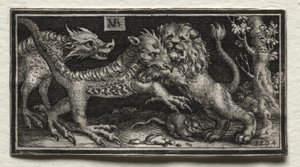 Leijona taistelee kahden pedon kanssa tekijältä attributed to Tobias Stimmer