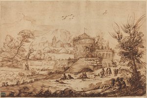 Maisema linnoituksen ja joen kanssa tekijältä called Guercino after Giovanni Francesco Barbieri