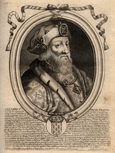 Clotaire (Clothaire) I:n (497 - 561), Neutrian kuninkaan ja frankkien kuninkaan muotokuva - Clothar I, frankkien kuningas - kaiverrus teoksesta "Les Augustes Representations de tous les Kings de France from Pharamond to LouisXIV", Pariisi tekijältä de Larmessin
