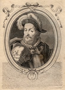 Muotokuva Francois I:stä (1494 - 1547), Ranskan kuningas - Francis I, Ranskan kuningas - kaiverrus teoksesta "Les Augustes Representations de tous les Kings de France from Pharamond to LouisXIV", Pariisi tekijältä de Larmessin
