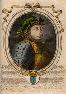 Karolingien dynastia: Kaarle III Le Grosin (839-888) frankkien kuninkaan muotokuva - Kaarle III Lihava - kaiverrus teoksesta "Les Augustes Representations de tous les Kings de France from Pharamond to LouisXIV", Pariisi tekijältä de Larmessin