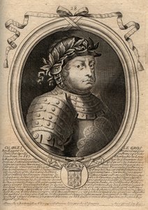 Karolingien dynastia: Kaarle III Le Grosin (839-888) frankkien kuninkaan muotokuva - Kaarle III Lihava - kaiverrus teoksesta "Les Augustes Representations de tous les Kings de France from Pharamond to LouisXIV", Pariisi tekijältä de Larmessin