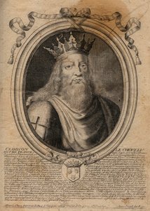 Clodion dit "" Le Chevelu"" (428-448), merovingien esi-isä, salialaisten frangien päällikkö - Clodion The Hairy (n. 428-47) Salian frankkien heimon kuningas - kaiverrus Les Augustes Representationsista de tous les Kings de France alkaen Pharamond t